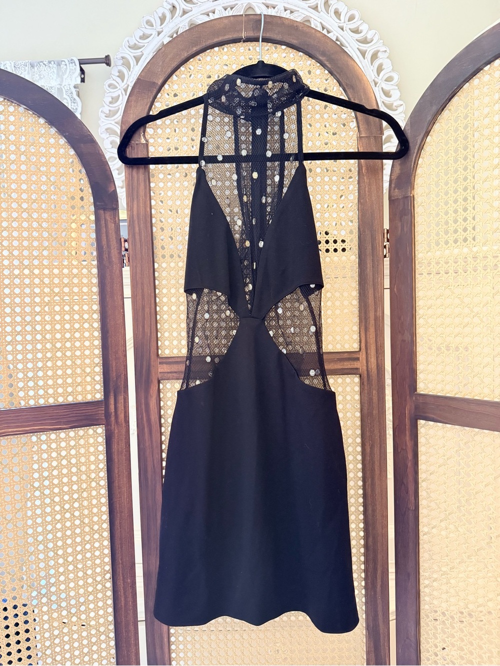 DUNDAS x Revolve Halter Mini Dress with Sequined Mesh Cutouts
